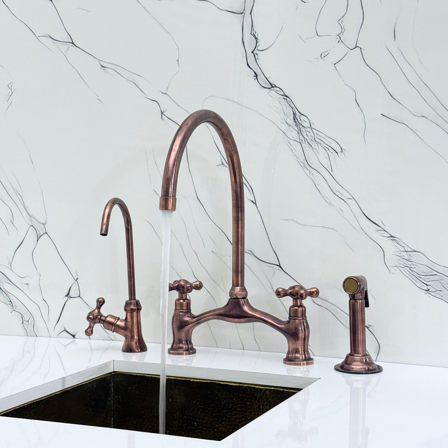 Antique Copper Kitchen Bridge Faucet with Sprayer, Drinking Water Tap and Cross Handles