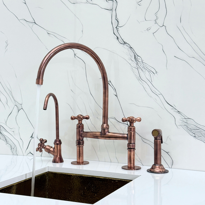 Antique Copper Bridge Faucet with Sprayer, Drinking Water Tap and Cross Handles