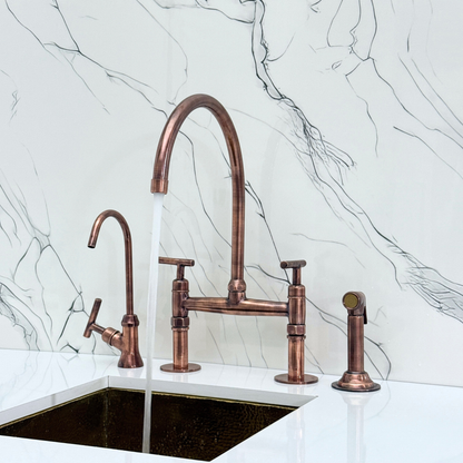 Antique Copper Bridge Faucet with Sprayer, Drinking Water Tap and Lever Handles