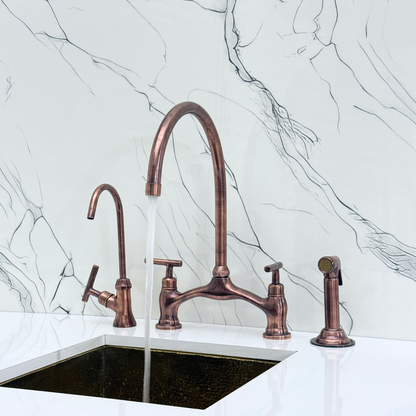 Antique Copper Kitchen Bridge Faucet with Sprayer, Drinking Water Tap and Lever Handles