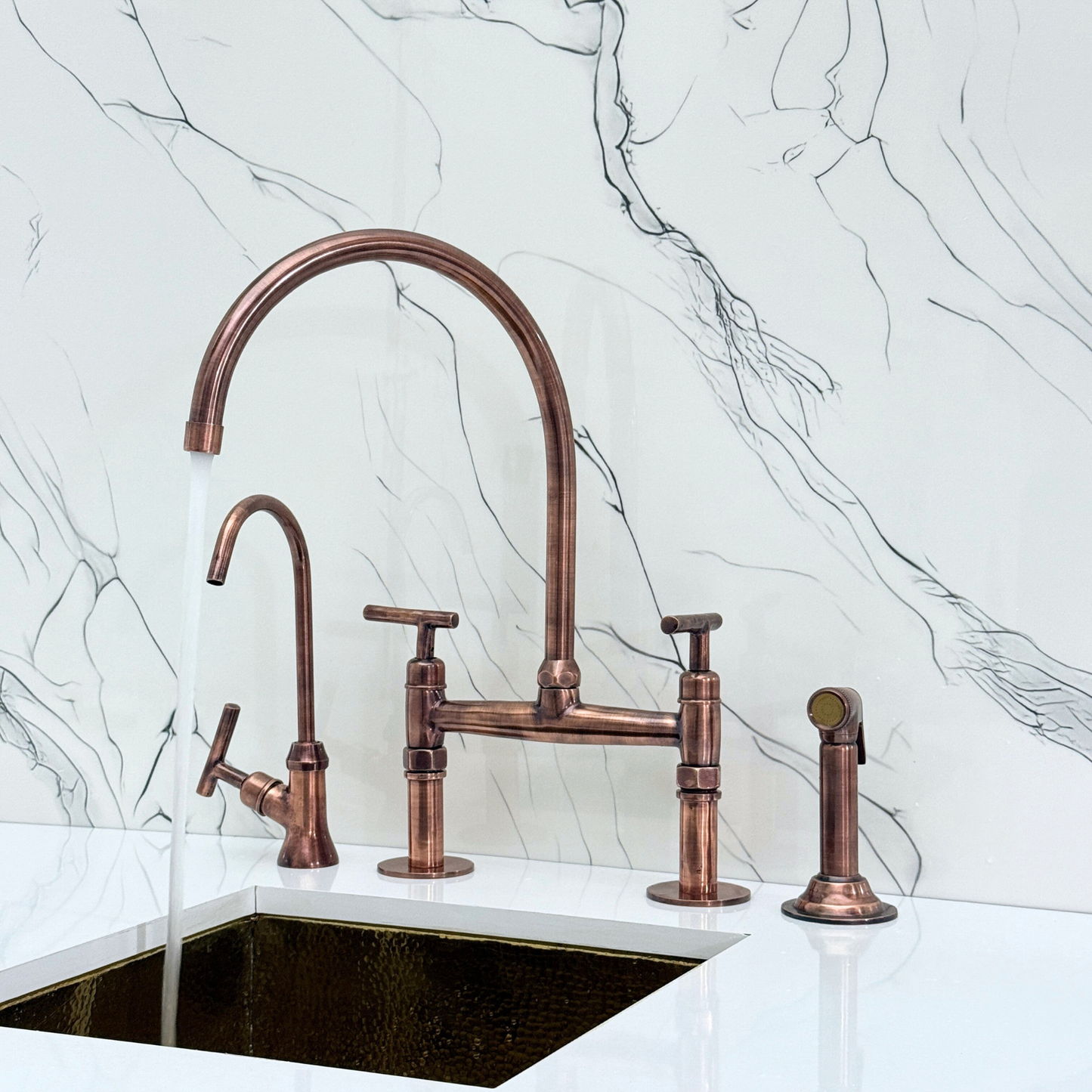 Antique Copper Bridge Faucet with Sprayer, Drinking Water Tap and Lever Handles