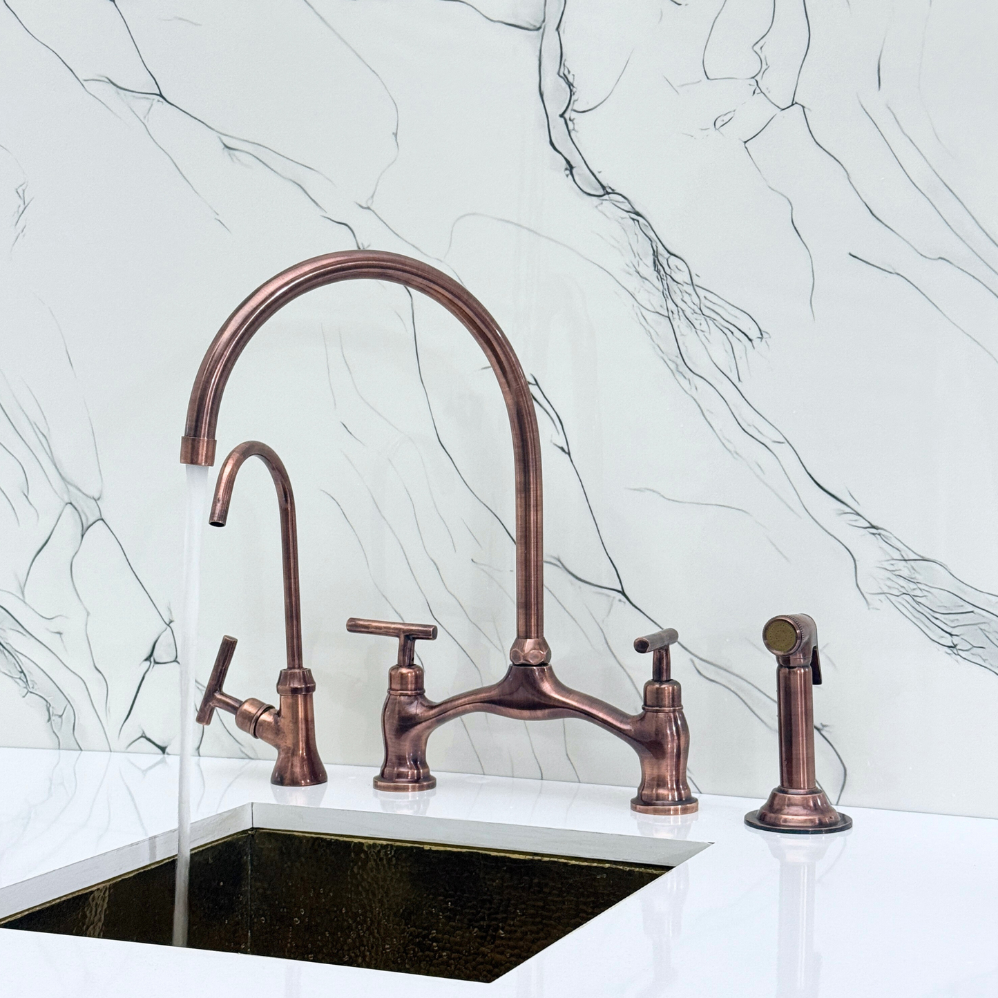 Antique Copper Kitchen Bridge Faucet with Sprayer, Drinking Water Tap and Lever Handles