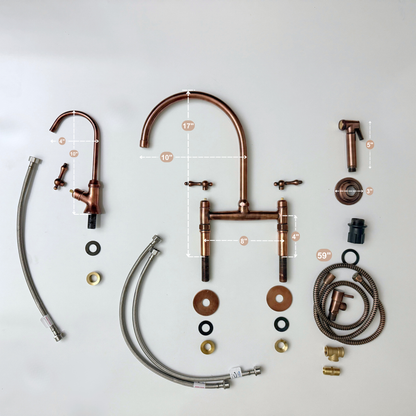 Antique Copper Bridge Faucet with Sprayer, Drinking Water Tap and Lever Handles