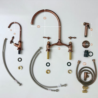 Antique Copper Kitchen Bridge Faucet with Sprayer, Drinking Water Tap and Lever Handles
