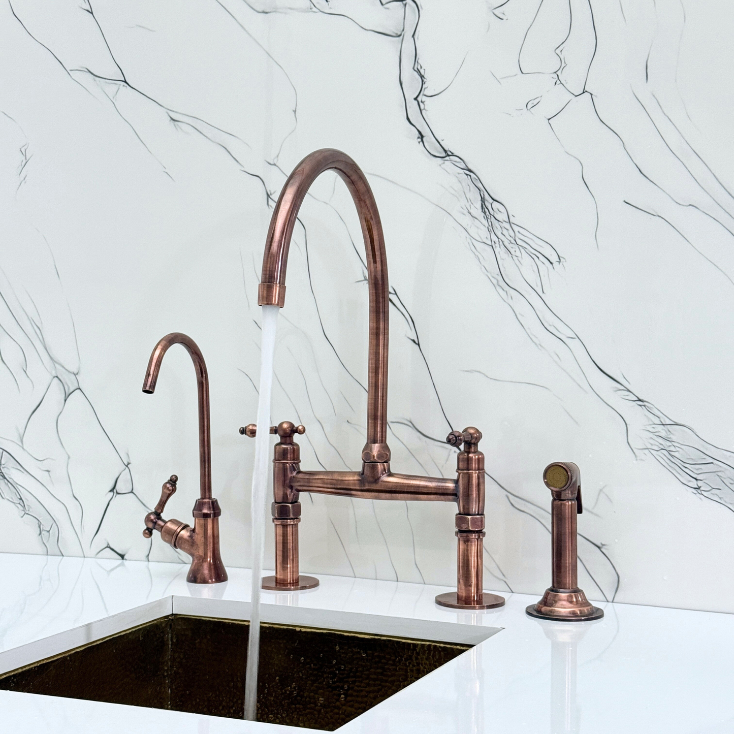 Antique Copper Bridge Faucet with Sprayer, Drinking Water Tap and Lever Handles