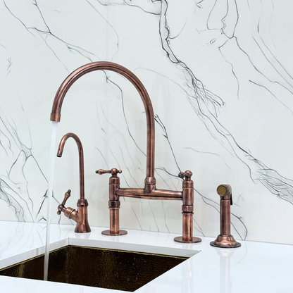 Antique Copper Bridge Faucet with Sprayer, Drinking Water Tap and Lever Handles