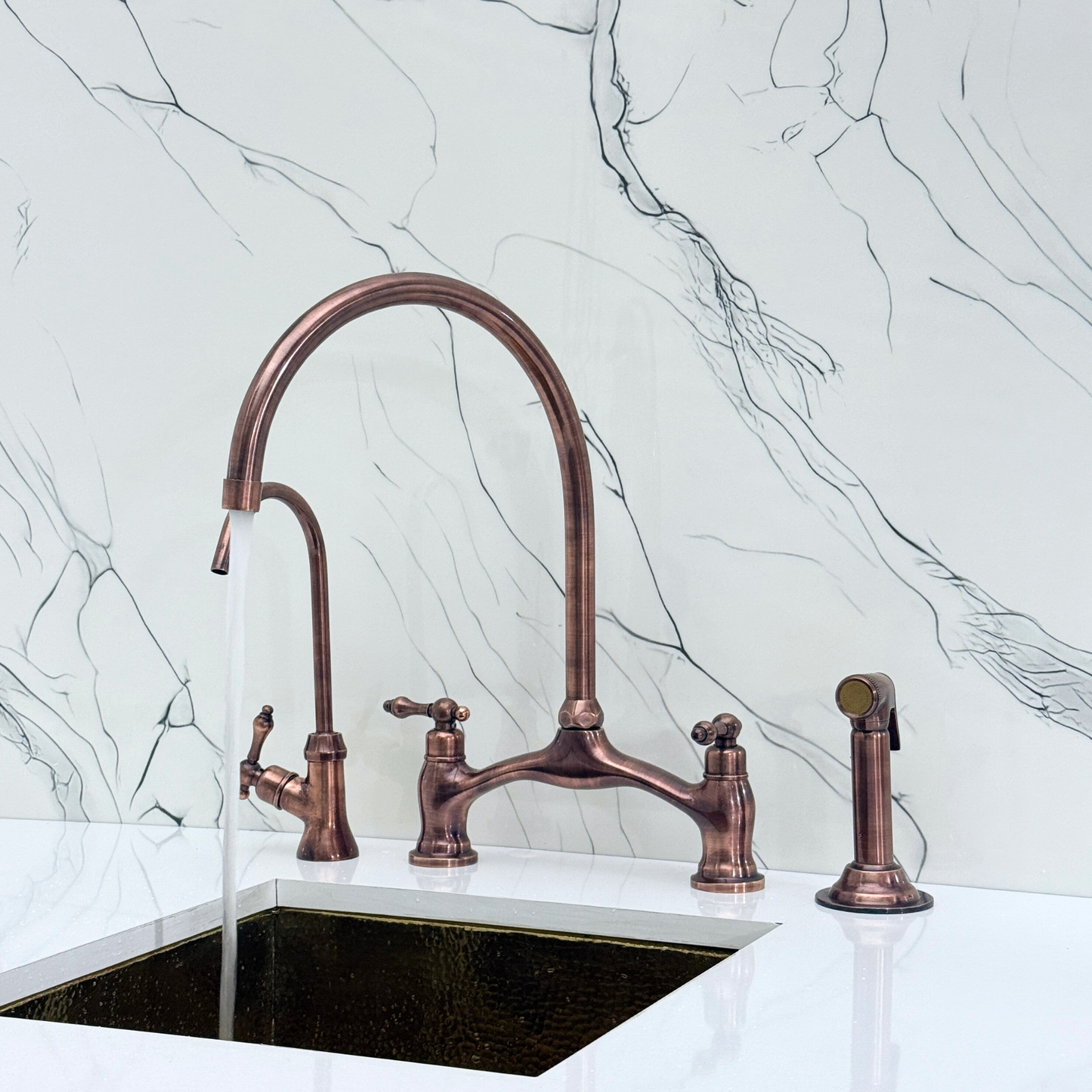 Antique Copper Kitchen Bridge Faucet with Sprayer, Drinking Water Tap and Lever Handles