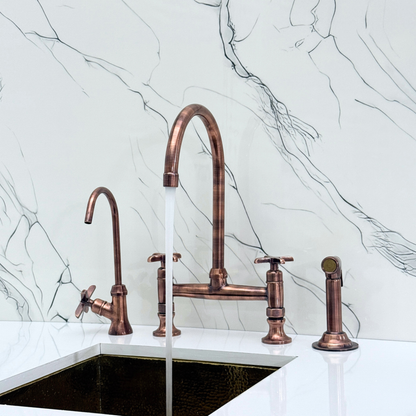 Antique Copper Bridge Kitchen Faucet with Cold Water Faucet, Sprayer, and Cross Handles