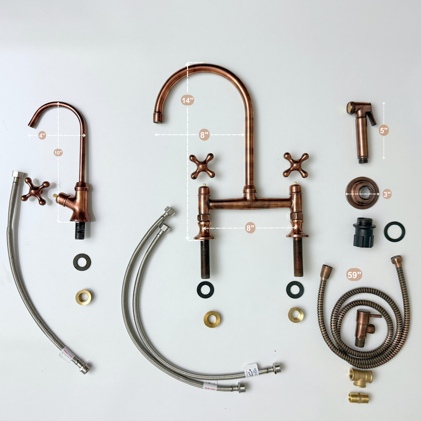 Antique Copper Bridge Kitchen Faucet with Cold Water Faucet, Sprayer, and Cross Handles