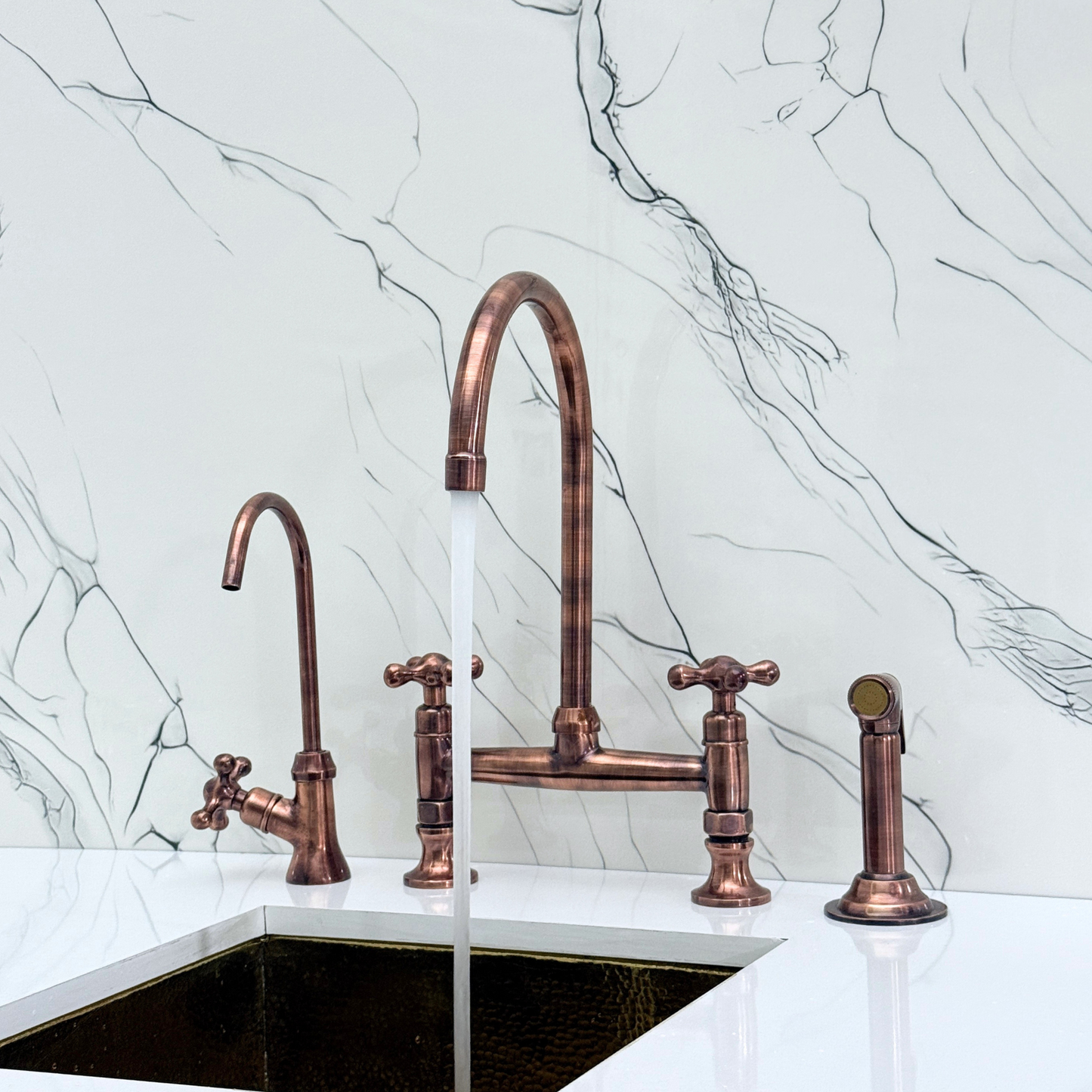 Antique Copper Bridge Kitchen Faucet with Cold Water Faucet, Sprayer, and Cross Handles
