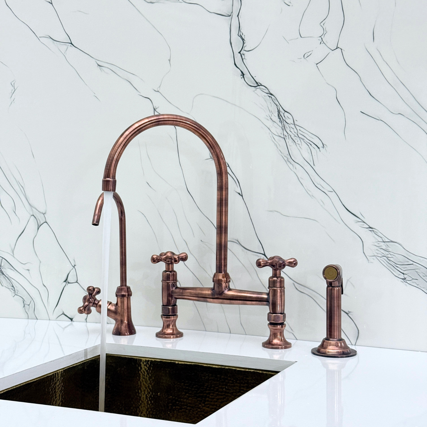 Antique Copper Bridge Kitchen Faucet with Cold Water Faucet, Sprayer, and Cross Handles
