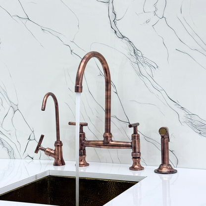 Antique Copper Bridge Kitchen Faucet with Cold Water Faucet, Sprayer, and Lever Handles