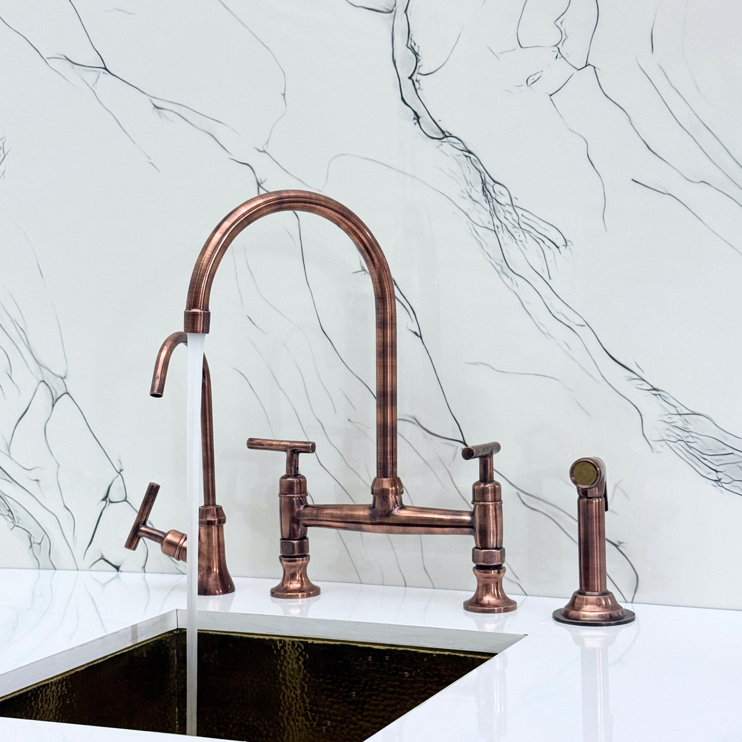 Antique Copper Bridge Kitchen Faucet with Cold Water Faucet, Sprayer, and Lever Handles