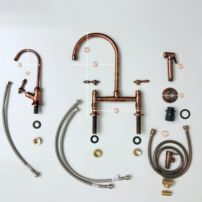 Antique Copper Bridge Kitchen Faucet with Cold Water Faucet, Sprayer, and Lever Handles