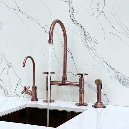 Antique Copper Kitchen Bridge Faucet with Sprayer, Cold Water Faucet and Cross Handles
