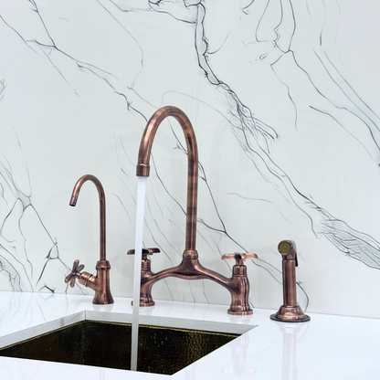Antique Copper Kitchen Bridge Faucet with Drinking Water Tap, Sprayer, and Cross Handles