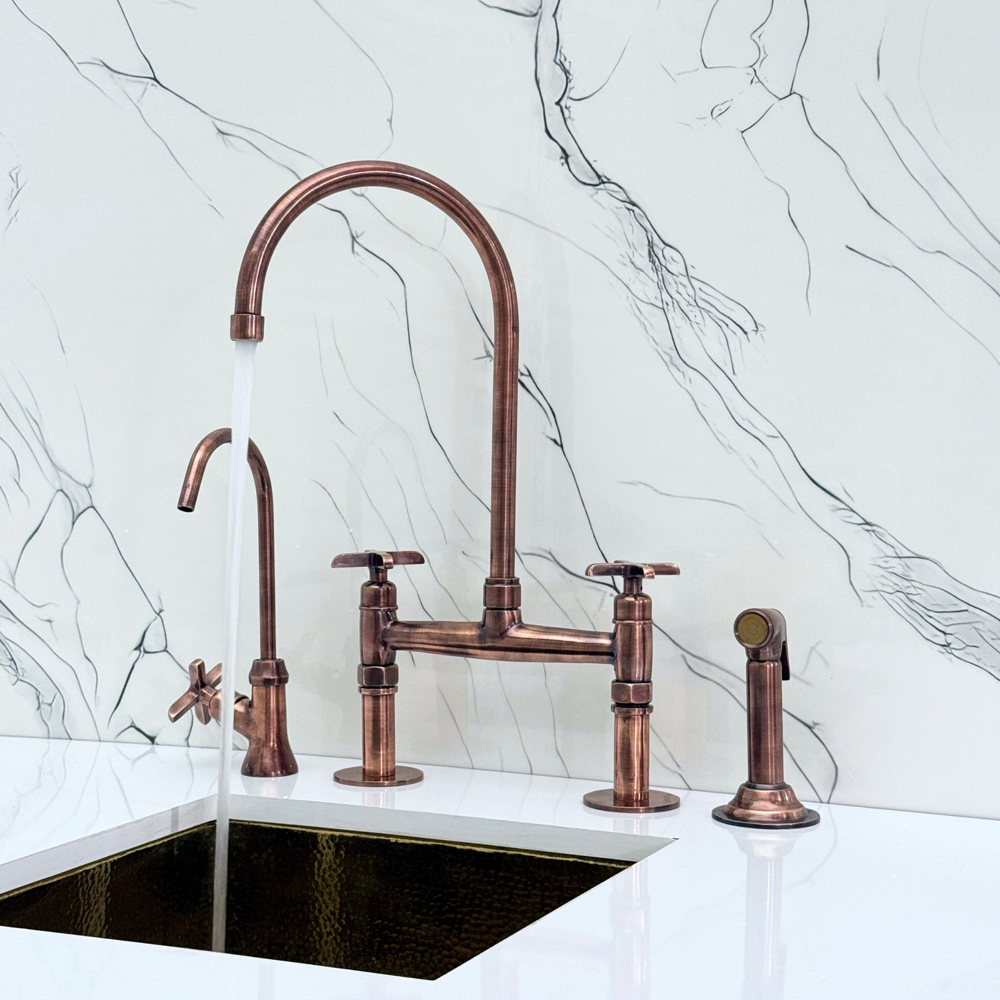Antique Copper Kitchen Bridge Faucet with Sprayer, Cold Water Faucet and Cross Handles