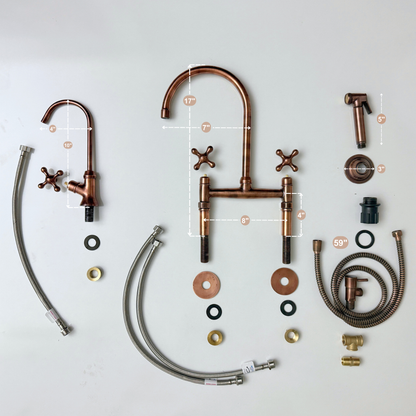 Antique Copper Kitchen Bridge Faucet with Sprayer, Cold Water Faucet and Cross Handles