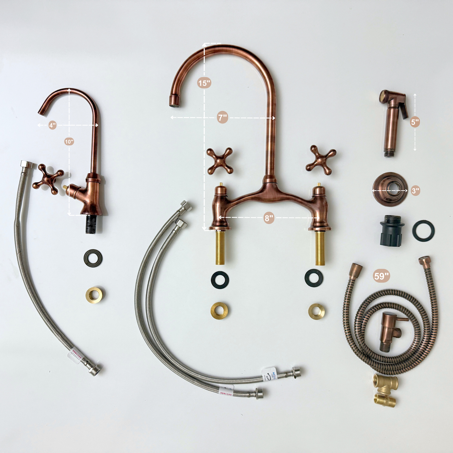 Antique Copper Kitchen Bridge Faucet with Drinking Water Tap, Sprayer, and Cross Handles