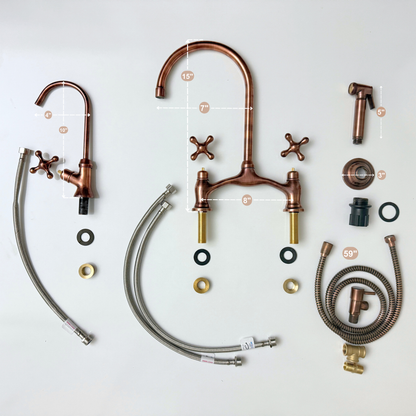 Antique Copper Kitchen Bridge Faucet with Drinking Water Tap, Sprayer, and Cross Handles