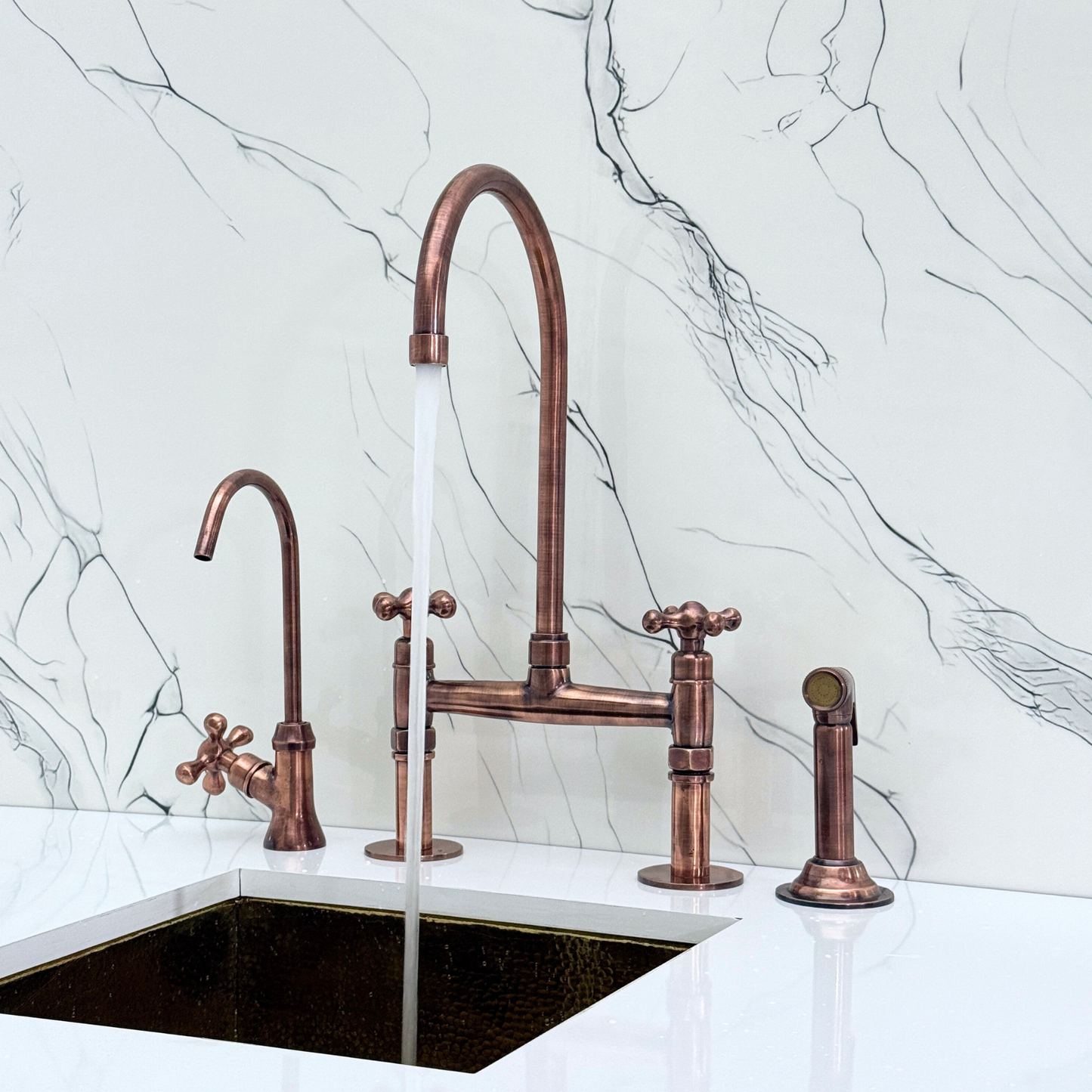 Antique Copper Kitchen Bridge Faucet with Sprayer, Cold Water Faucet and Cross Handles