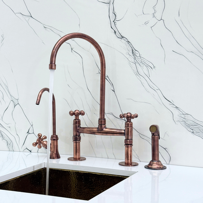 Antique Copper Kitchen Bridge Faucet with Sprayer, Cold Water Faucet and Cross Handles