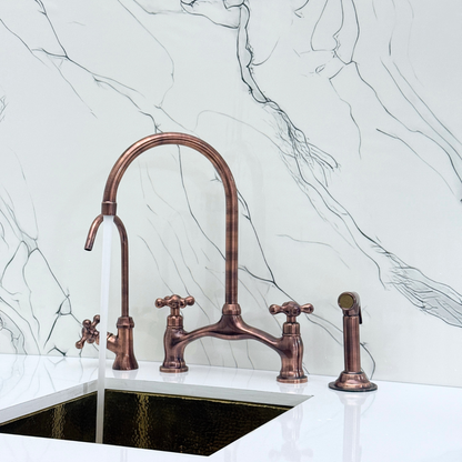 Antique Copper Kitchen Bridge Faucet with Drinking Water Tap, Sprayer, and Cross Handles