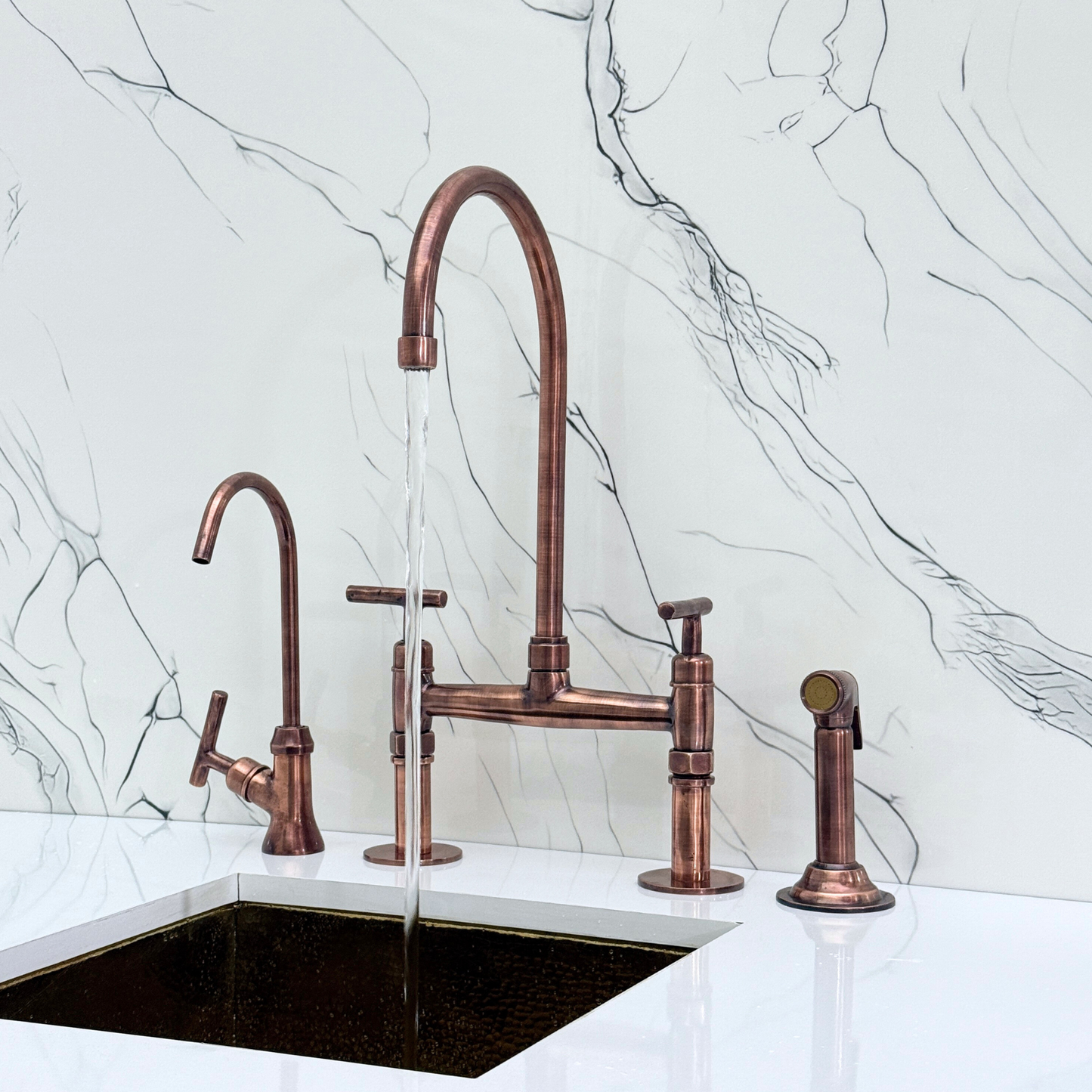 Antique Copper Kitchen Bridge Faucet with Sprayer, Cold Water Faucet and Lever Handles