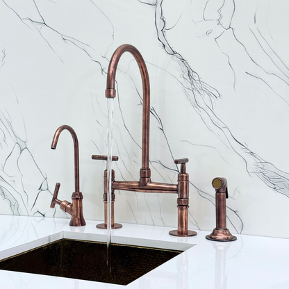 Antique Copper Kitchen Bridge Faucet with Sprayer, Cold Water Faucet and Lever Handles
