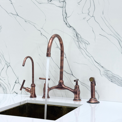 Antique Copper Kitchen Bridge Faucet with Drinking Water Tap, Sprayer, and Lever Handles