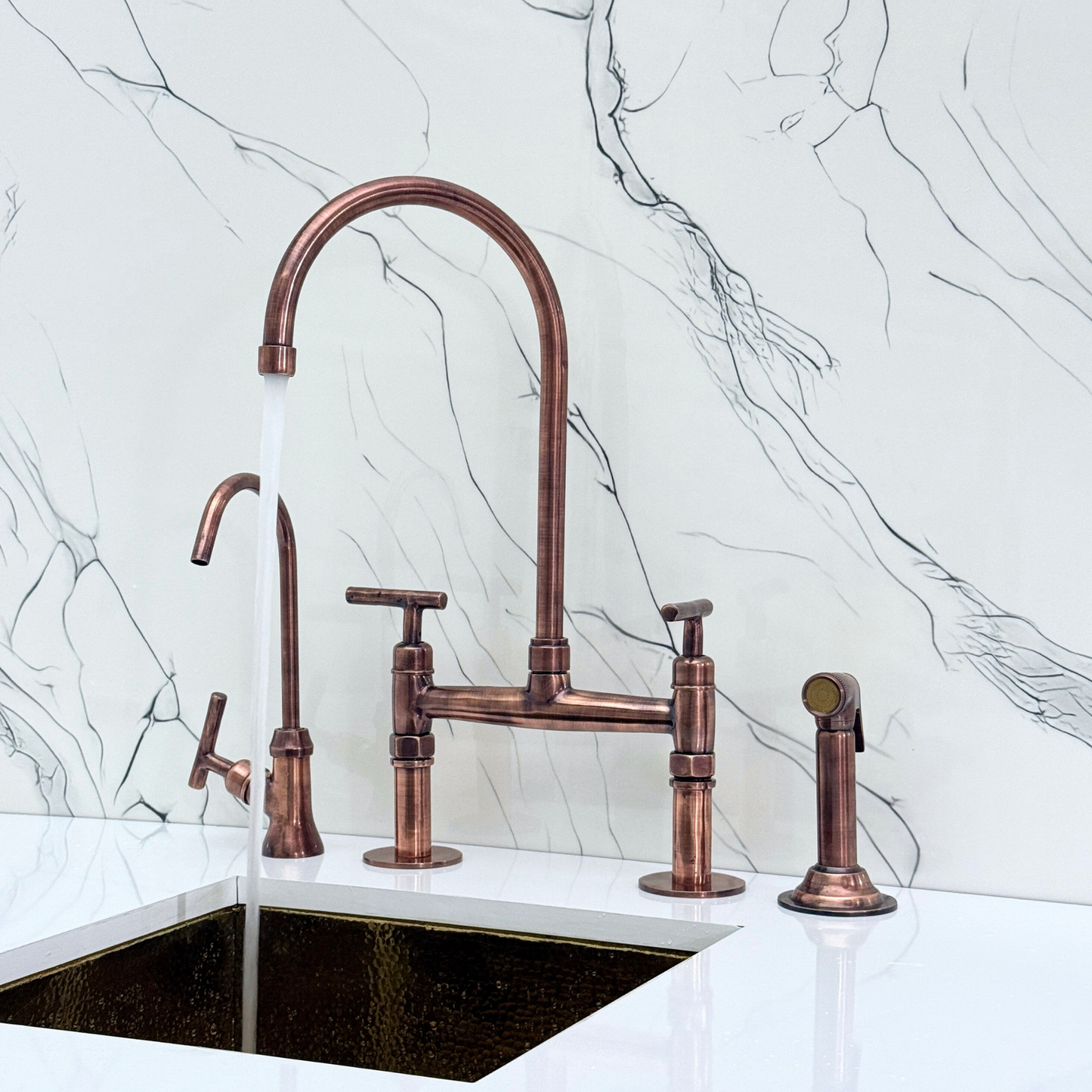 Antique Copper Kitchen Bridge Faucet with Sprayer, Cold Water Faucet and Lever Handles