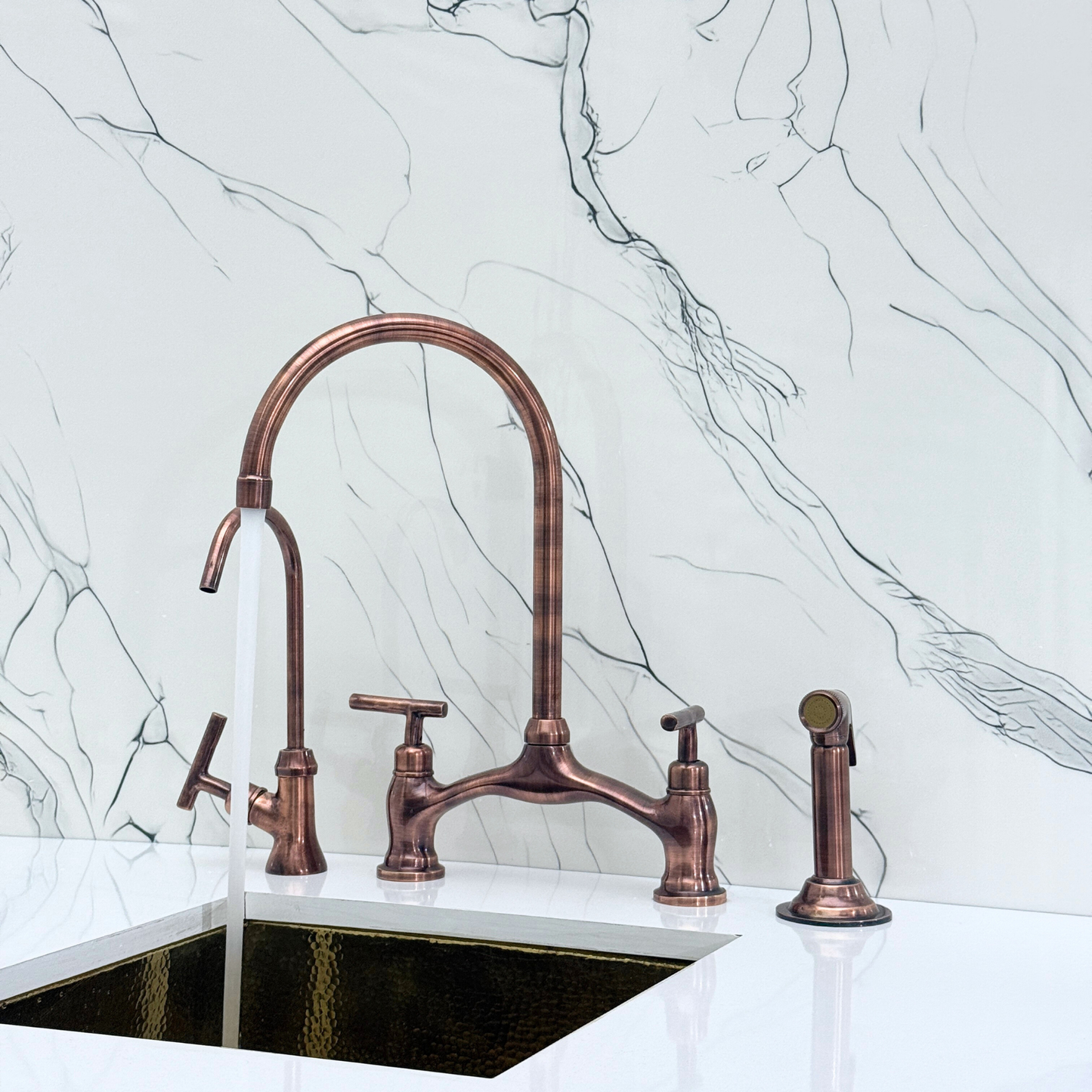 Antique Copper Kitchen Bridge Faucet with Drinking Water Tap, Sprayer, and Lever Handles