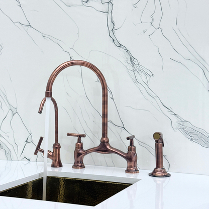 Antique Copper Kitchen Bridge Faucet with Drinking Water Tap, Sprayer, and Lever Handles