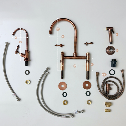 Antique Copper Kitchen Bridge Faucet with Sprayer, Cold Water Faucet and Lever Handles