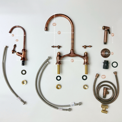 Antique Copper Kitchen Bridge Faucet with Drinking Water Tap, Sprayer, and Lever Handles