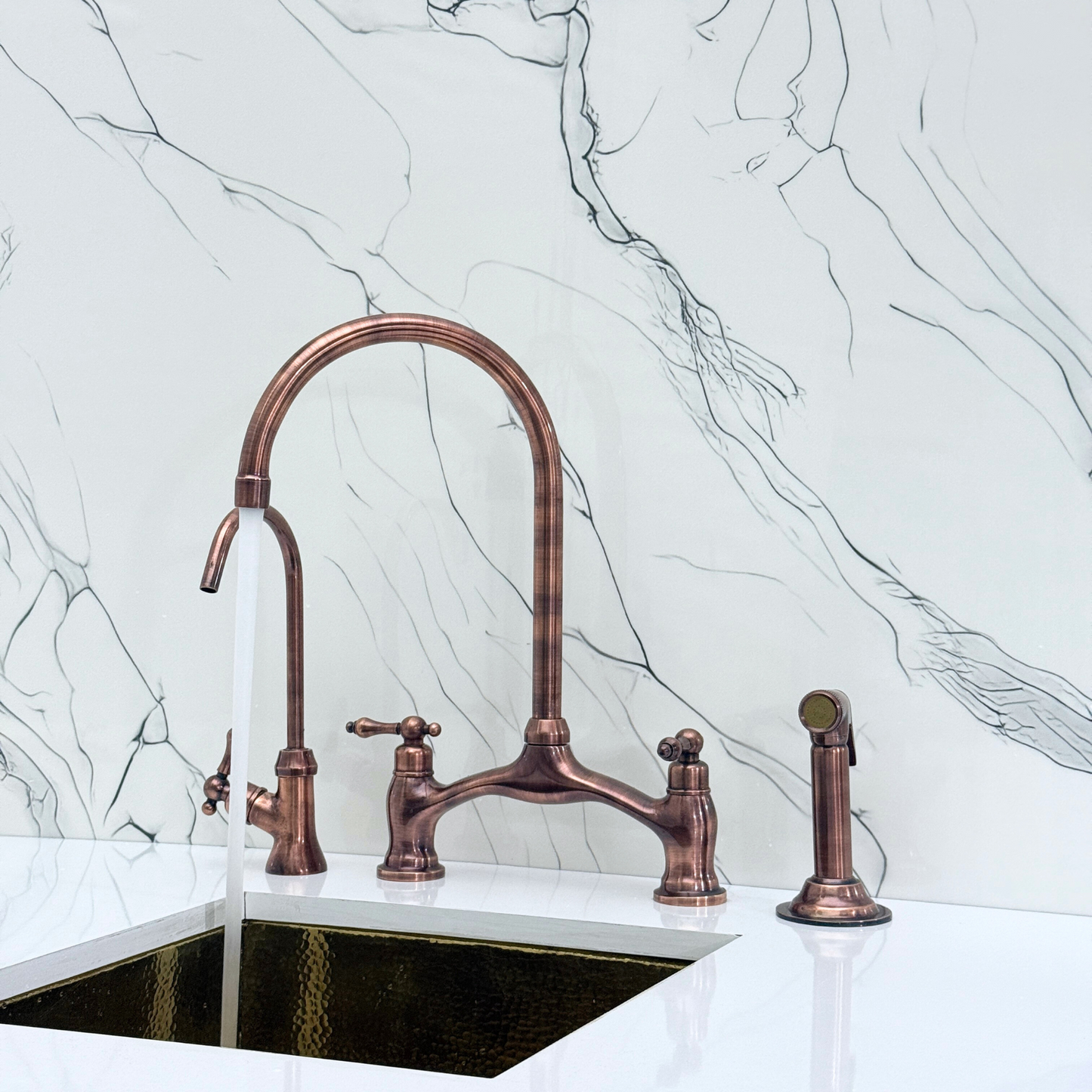 Antique Copper Kitchen Bridge Faucet with Drinking Water Tap, Sprayer, and Lever Handles