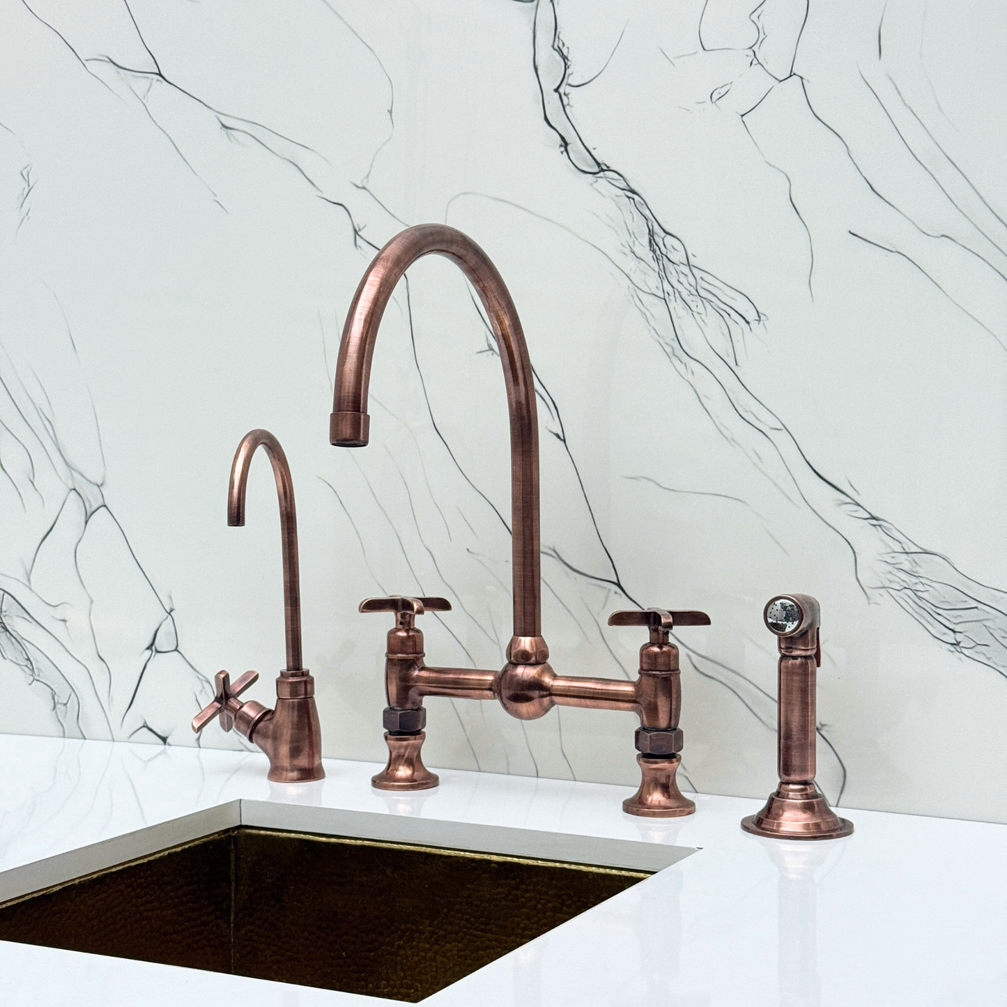 Antique Copper Bridge Vintage Kitchen Faucet with Ball Center, Sprayer, Cold Water Faucet and Cross Handles