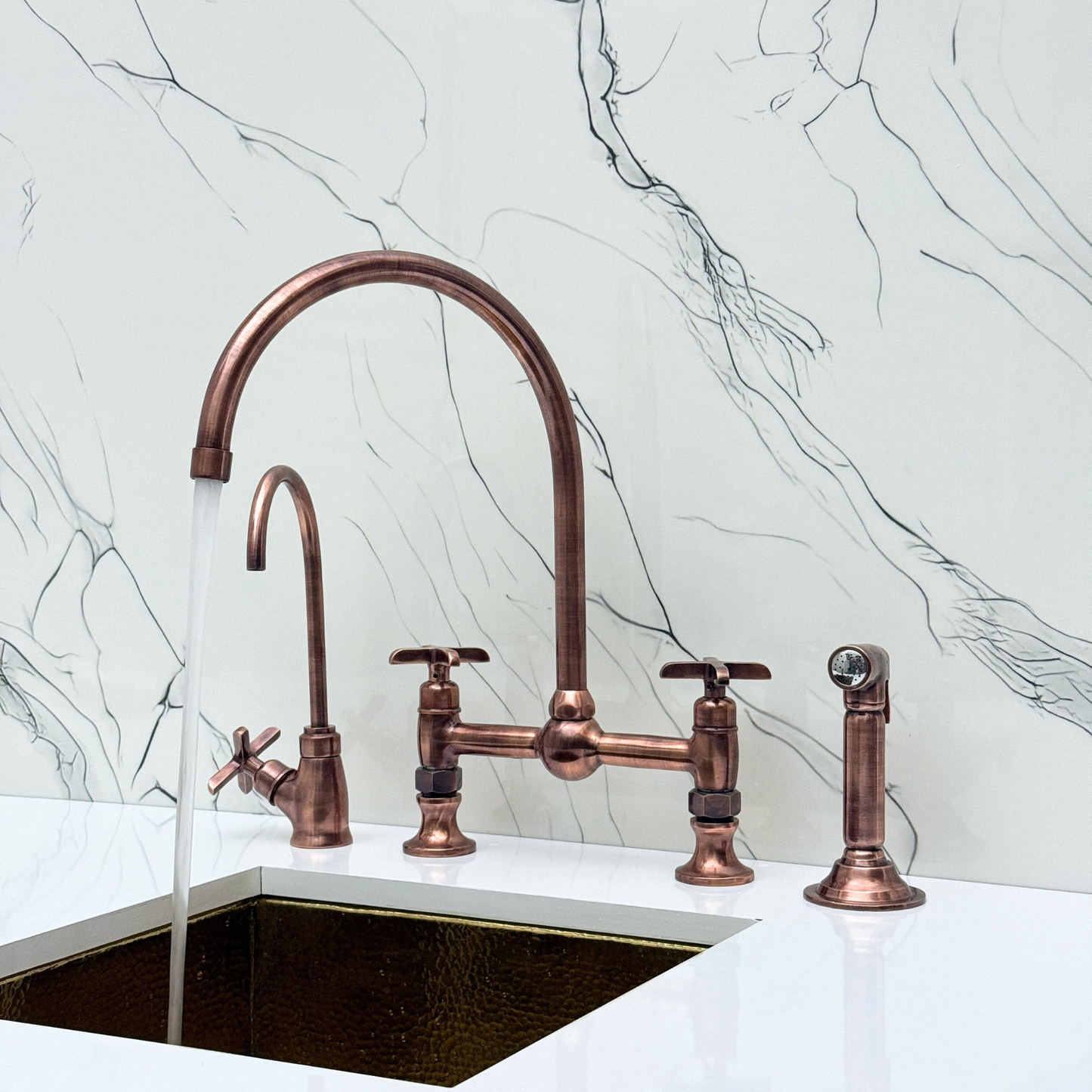 Antique Copper Bridge Vintage Kitchen Faucet with Ball Center, Sprayer, Cold Water Faucet and Cross Handles