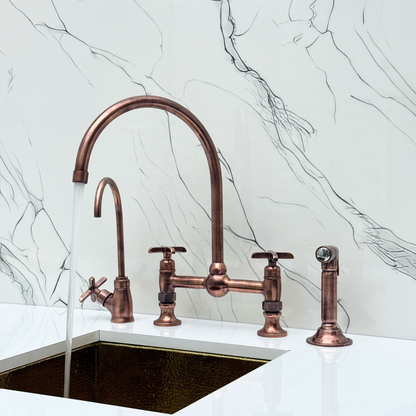 Antique Copper Bridge Vintage Kitchen Faucet with Ball Center, Sprayer, Cold Water Faucet and Cross Handles