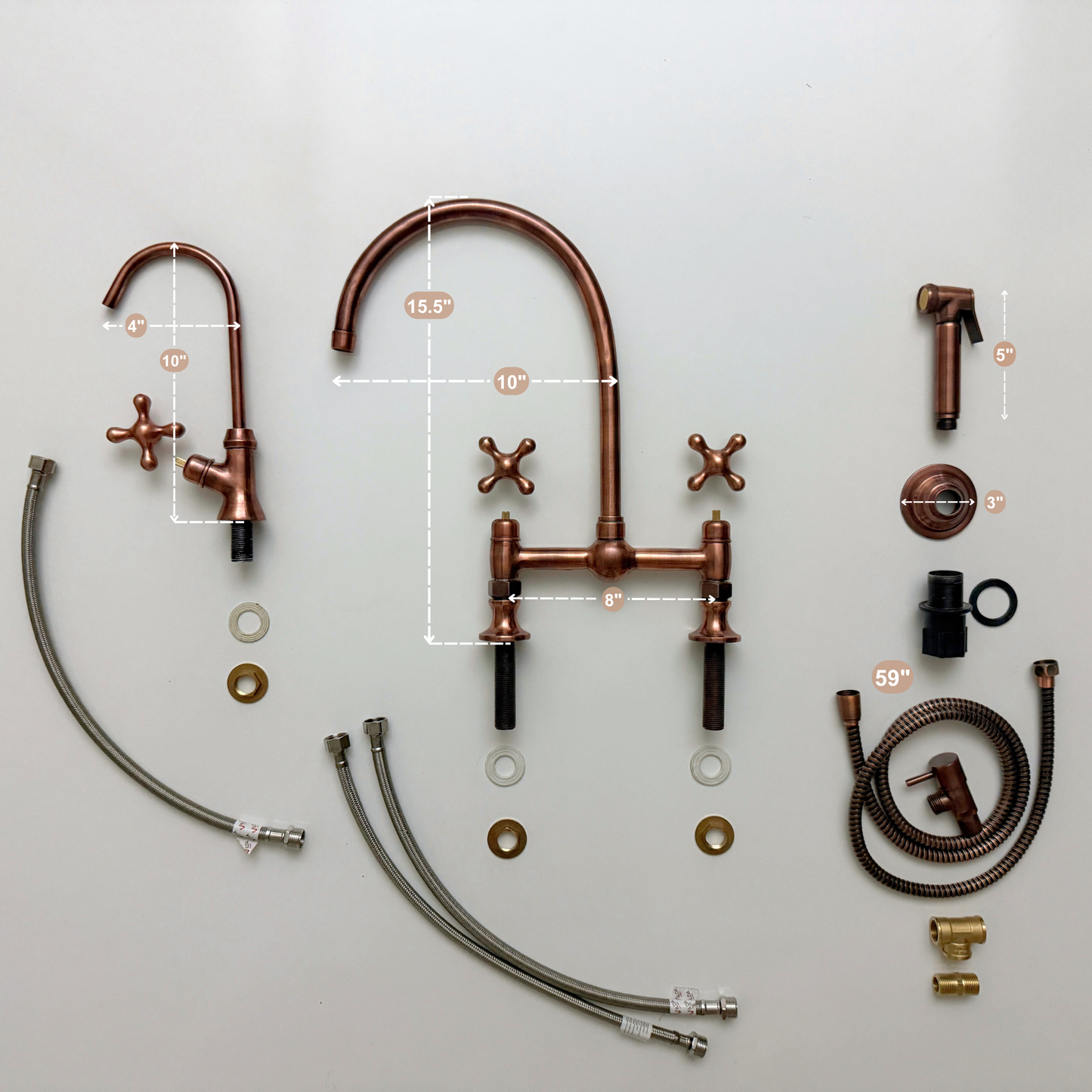 Antique Copper Bridge Vintage Kitchen Faucet with Ball Center, Sprayer, Cold Water Faucet and Cross Handles