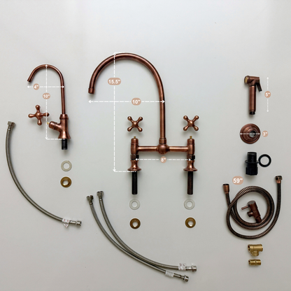 Antique Copper Bridge Vintage Kitchen Faucet with Ball Center, Sprayer, Cold Water Faucet and Cross Handles