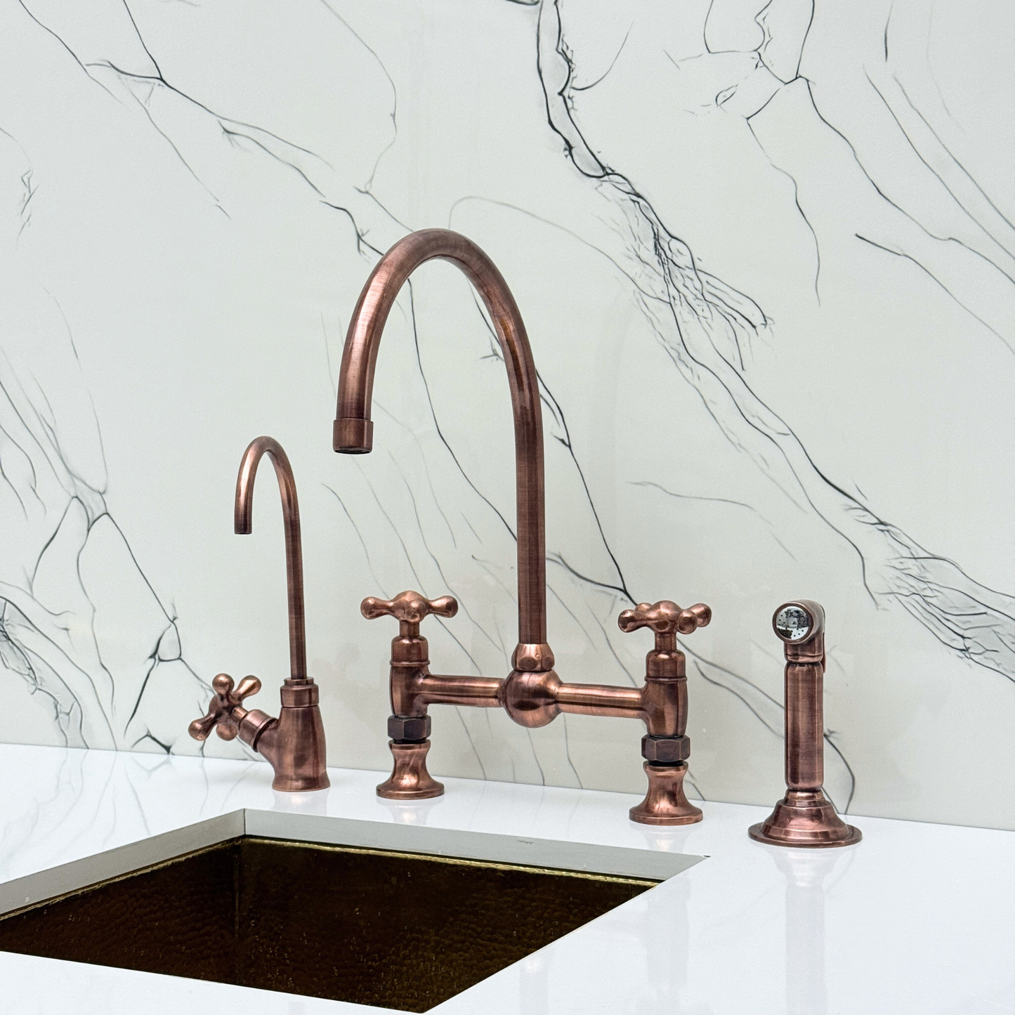 Antique Copper Bridge Vintage Kitchen Faucet with Ball Center, Sprayer, Cold Water Faucet and Cross Handles