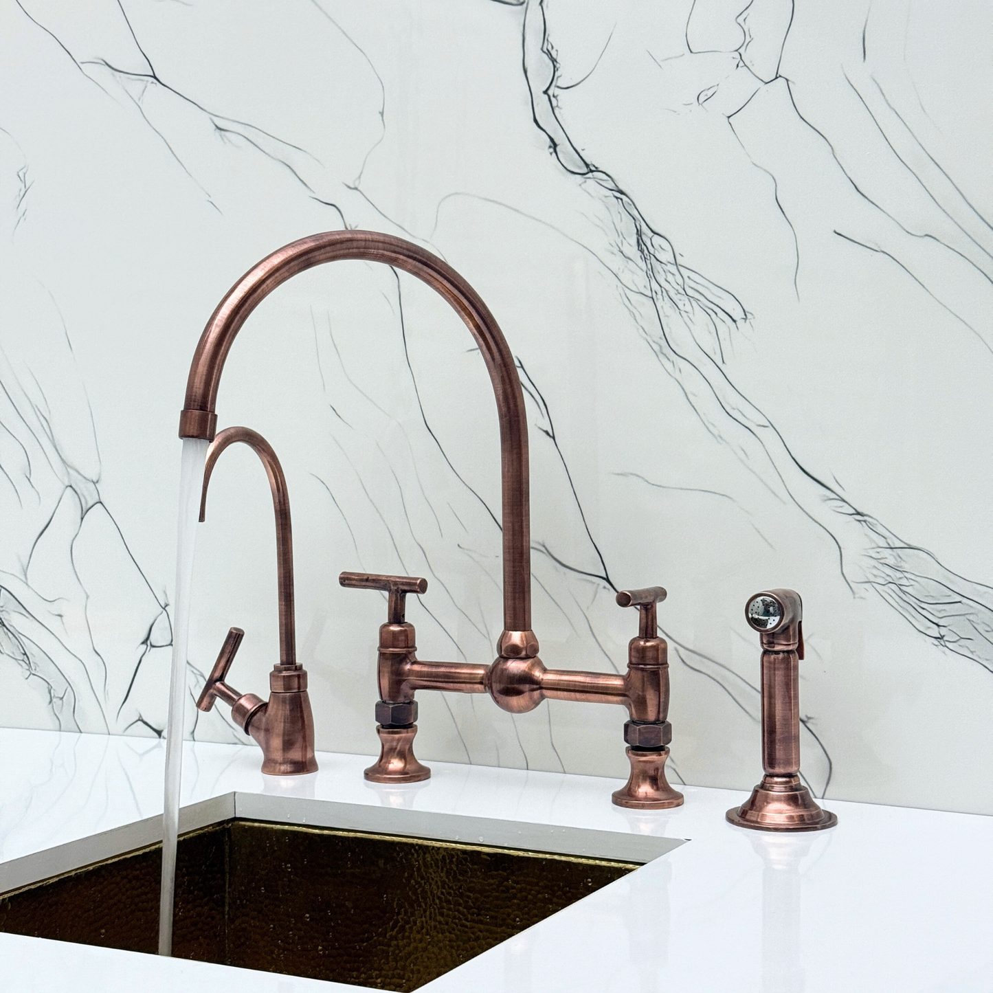 Antique Copper Bridge Vintage Kitchen Faucet with Ball Center, Sprayer, Cold Water Faucet and Lever Handles