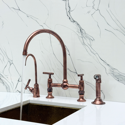 Antique Copper Bridge Vintage Kitchen Faucet with Ball Center, Sprayer, Cold Water Faucet and Lever Handles