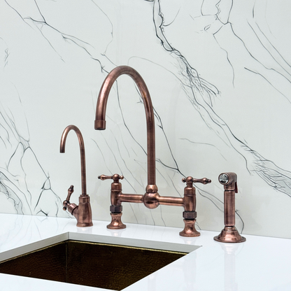 Antique Copper Bridge Vintage Kitchen Faucet with Ball Center, Sprayer, Cold Water Faucet and Lever Handles