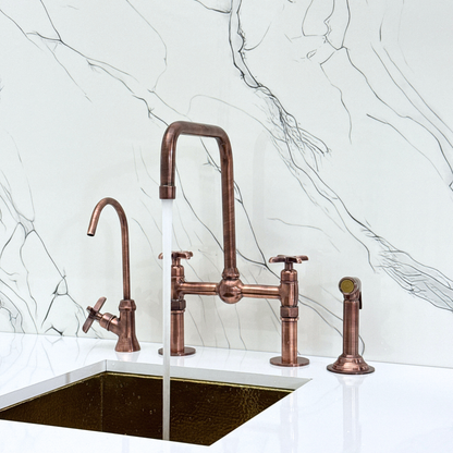 Antique Copper Classic Bridge Faucet with Ball Center, Straight Legs, Sprayer, Cold Water Faucet and Cross Handles