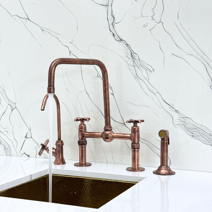 Antique Copper Classic Bridge Faucet with Ball Center, Straight Legs, Sprayer, Cold Water Faucet and Cross Handles