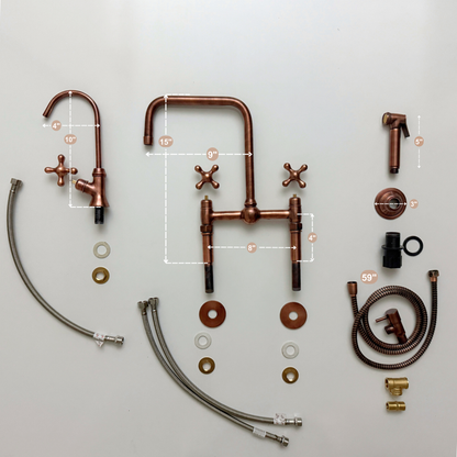 Antique Copper Classic Bridge Faucet with Ball Center, Straight Legs, Sprayer, Cold Water Faucet and Cross Handles