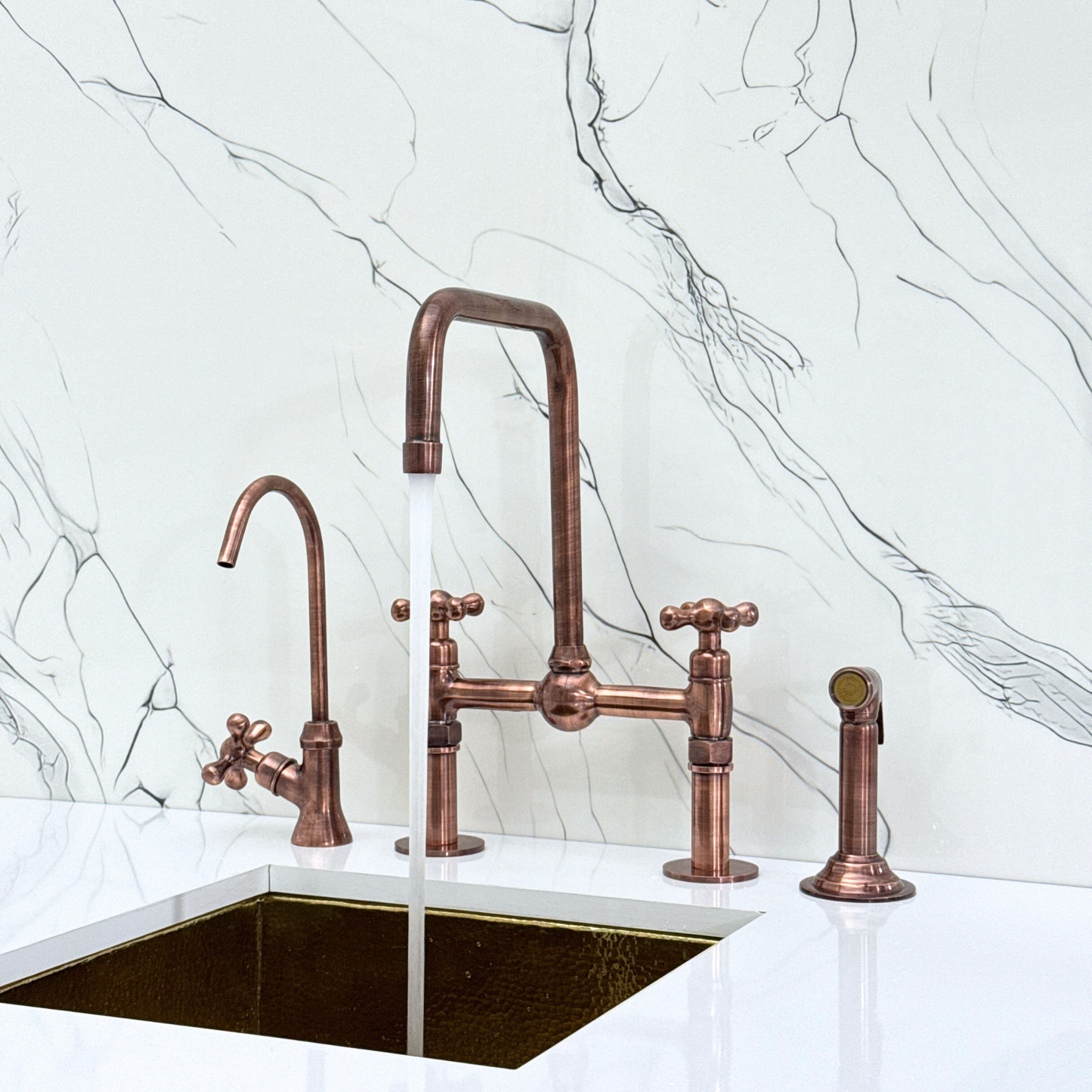 Antique Copper Classic Bridge Faucet with Ball Center, Straight Legs, Sprayer, Cold Water Faucet and Cross Handles