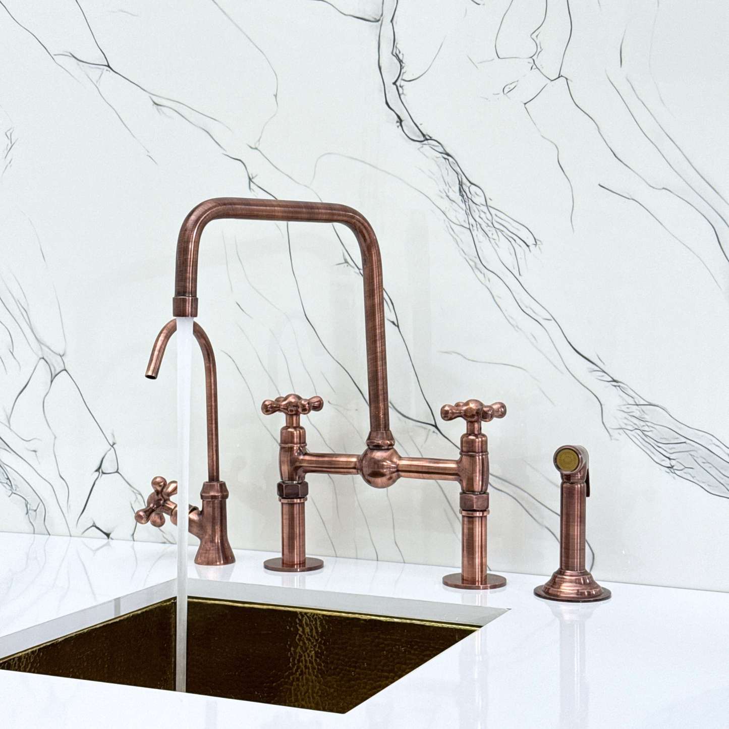 Antique Copper Classic Bridge Faucet with Ball Center, Straight Legs, Sprayer, Cold Water Faucet and Cross Handles